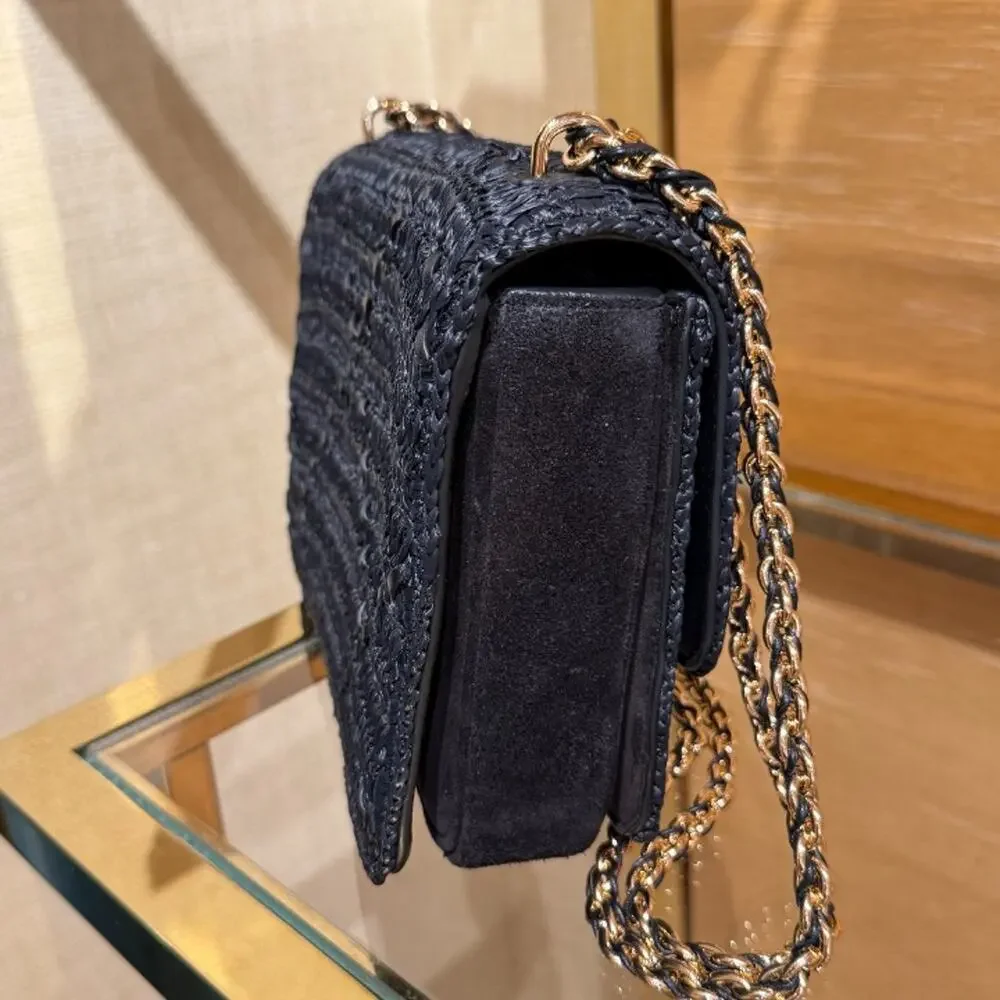 NEW‼️Tory Burch Britten Raffia Crochet Small Shoulder Bag 183122 $670 Black